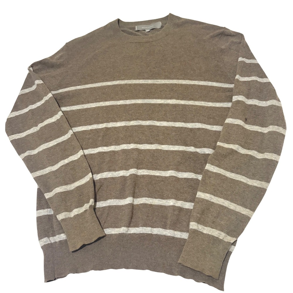 Neiman Marcus Mens Striped Crew Neck Sweater Taupe Cream Size M Long Sleeve Knit